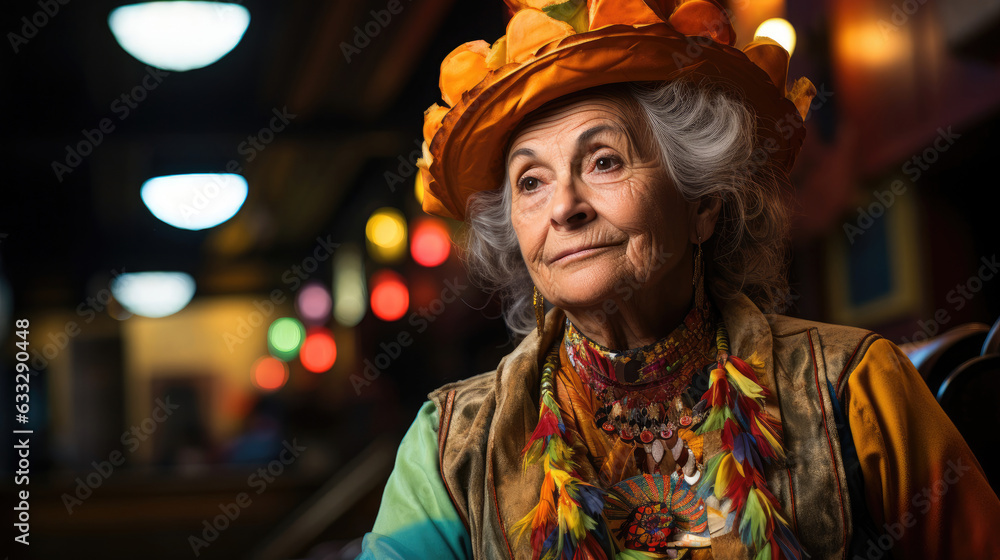 An elderly actress in costume stands proudly on a dramatic theater stage, with the seats and backdrop blurring into a creative setting.