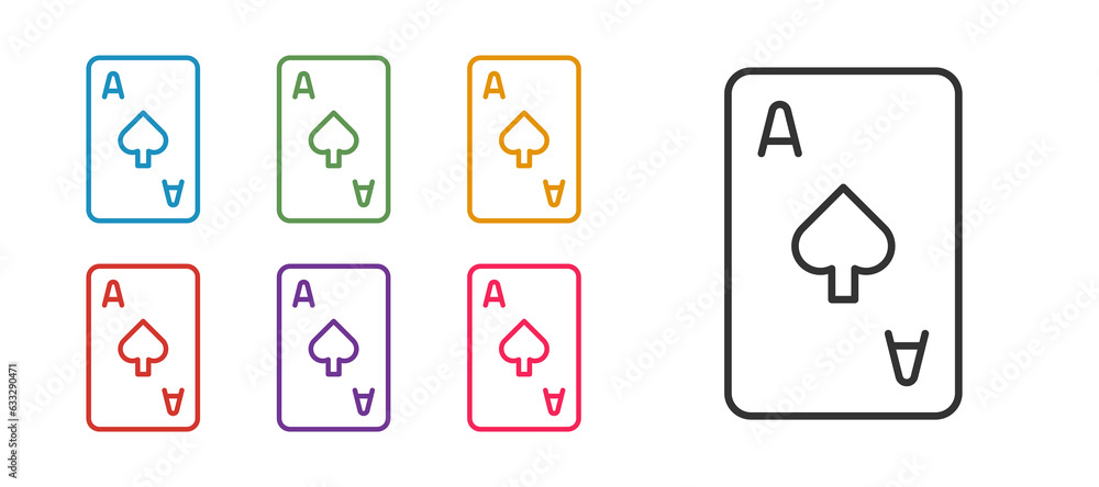 Set line Playing card with spades symbol icon isolated on white background. Casino gambling. Set icons colorful. Vector Set line Playing card with spades symbol icon isolated on white background. Casino gambling. Set icons colorful. Vector