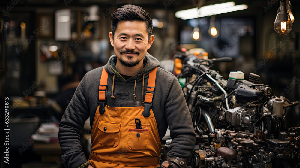 A mechanic stands in a small bike repair shop, surrounded by bike parts and tools, creating a busy backdrop. A mechanic stands in a small bike repair shop, surrounded by bike parts and tools, creating a busy backdrop.