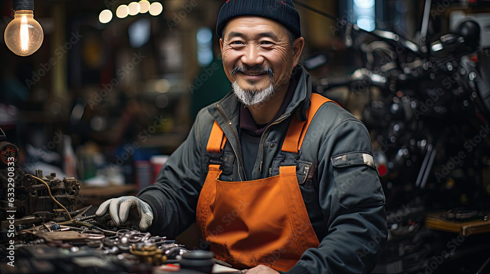 A mechanic stands in a small bike repair shop, surrounded by bike parts and tools, creating a busy backdrop.