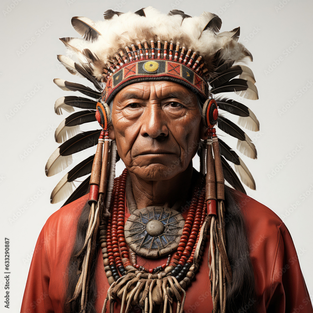 Studio shot of a Native American chief in traditional attire.