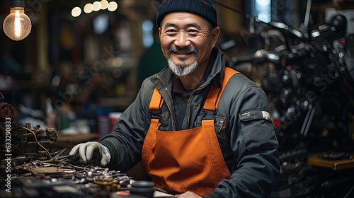 A mechanic stands in a small bike repair shop, surrounded by bike parts and tools, creating a busy backdrop.