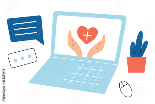 Online psychotherapy concept, hand drawn composition, laptop with psychology service website, internet therapy doodle icon, vector illustration of mental health consultation, psychological support app