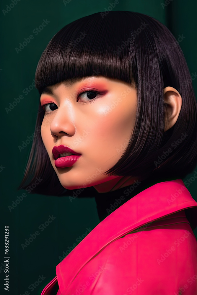 A close-up of an East Asian woman with a mod-inspired bob cut, featuring bold makeup and a thoughtful expression. A close-up of an East Asian woman with a mod-inspired bob cut, featuring bold makeup and a thoughtful expression.