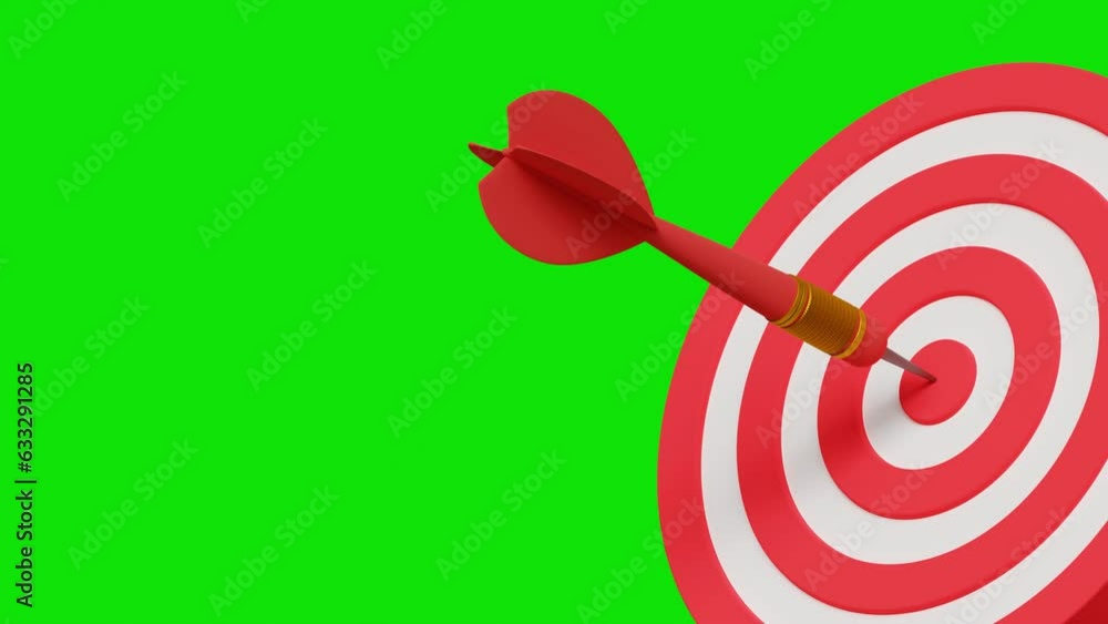 Dart hitting a target on the center on green screen with copy space. setting goals. 3d animation Dart hitting a target on the center on green screen with copy space. setting goals. 3d animation