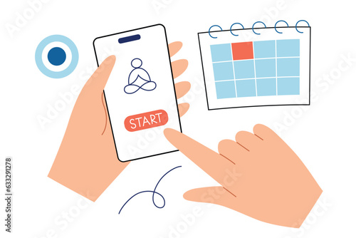 Meditation app, service for self tracking, online mental health concept, hand drawn composition with hand holding mobile phone, schedule for meditating, vector illustration of mindfulness practice
