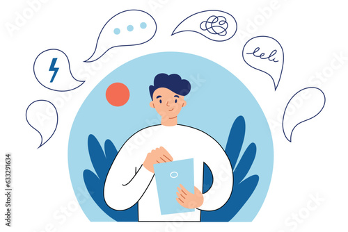 Online psychological help, hand drawn composition with man using mobile app for mental health, fighting fears and problems, vector illustration of stress support, psychotherapy, self care concept