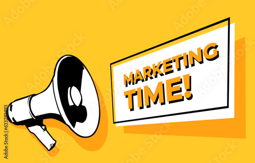 Megaphone or loudspeaker with speech bubble announces MARKETING TIME. Social media marketing concept. Announcement for marketing. Black and white web banner on yellow background