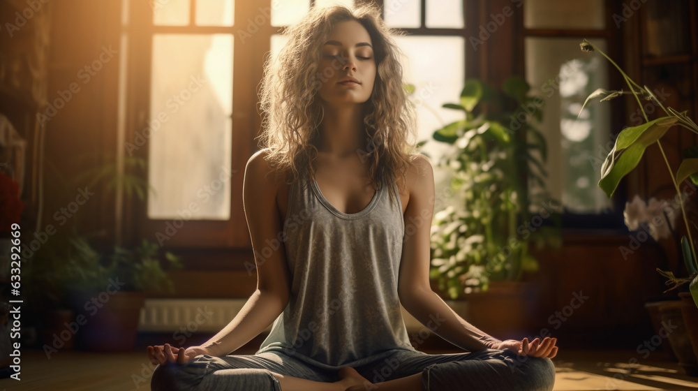 Young girl meditating at living room with eyes closed, infront of a window, healthy, relax position Young girl meditating at living room with eyes closed, infront of a window, healthy, relax position