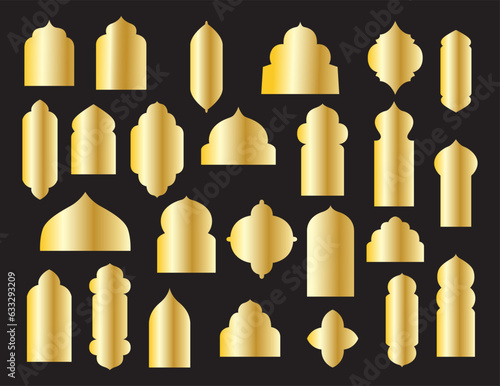 Vector set of islamic shape traditional window. Collection arabian golden shapes icon isolated on black. Oriental gold frames