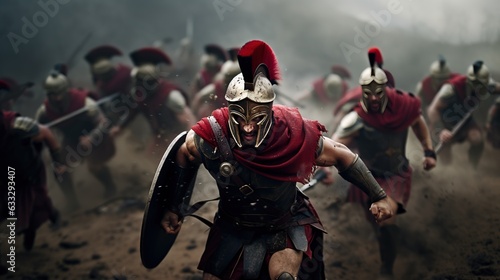 Generative AI, Realistic illustration of a fierce gladiator attacking, running. Armoured roman gladiator in combat wielding a sword charging towards his enemy. © DELstudio