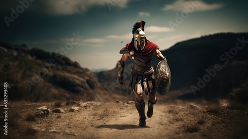 Print op canvas Generative AI, Realistic illustration of a fierce gladiator attacking, running