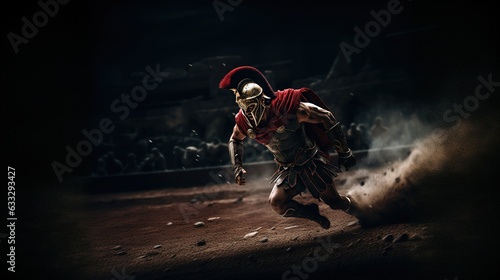 Generative AI, Realistic illustration of a fierce gladiator attacking, running. Armoured roman gladiator in combat wielding a sword charging towards his enemy.