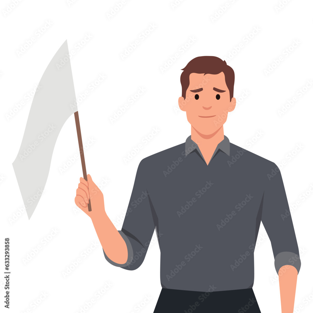 Give up or surrender on business battle, time to quit or stop failed company concept, sad businessman waving white flag metaphor of surrendering or giving up on work and business. Give up or surrender on business battle, time to quit or stop failed company concept, sad businessman waving white flag metaphor of surrendering or giving up on work and business.