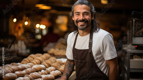 A baker in a flour-dusted apron stands in a family-owned bakery, arms folded, as the bakery scene merges into a freshly-baked haze.