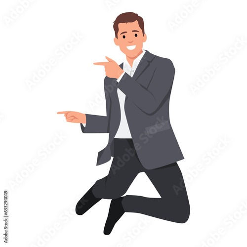 Full body young employee IT business man corporate lawyer wear classic formal shirt tie work in office point index finger aside indicate on area copy space mock up. Flat vector illustration isolated