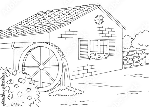 Water mill graphic black white landscape illustration vector 