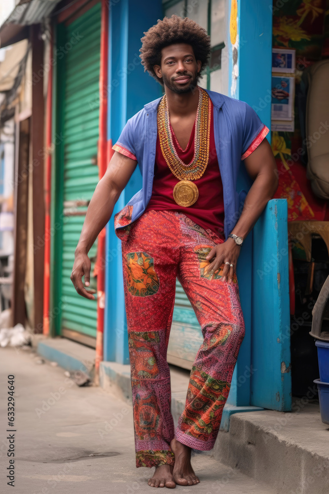 A tall African man with a clean-cut afro strikes a pose in his fashionable outfit.