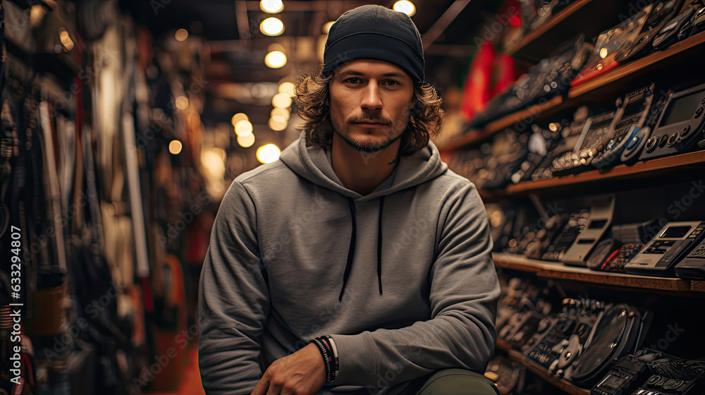 A skateboarder in a skater tee stands in a bustling city skateboard shop, with skateboards and skate gear creating an urban, cool backdrop.