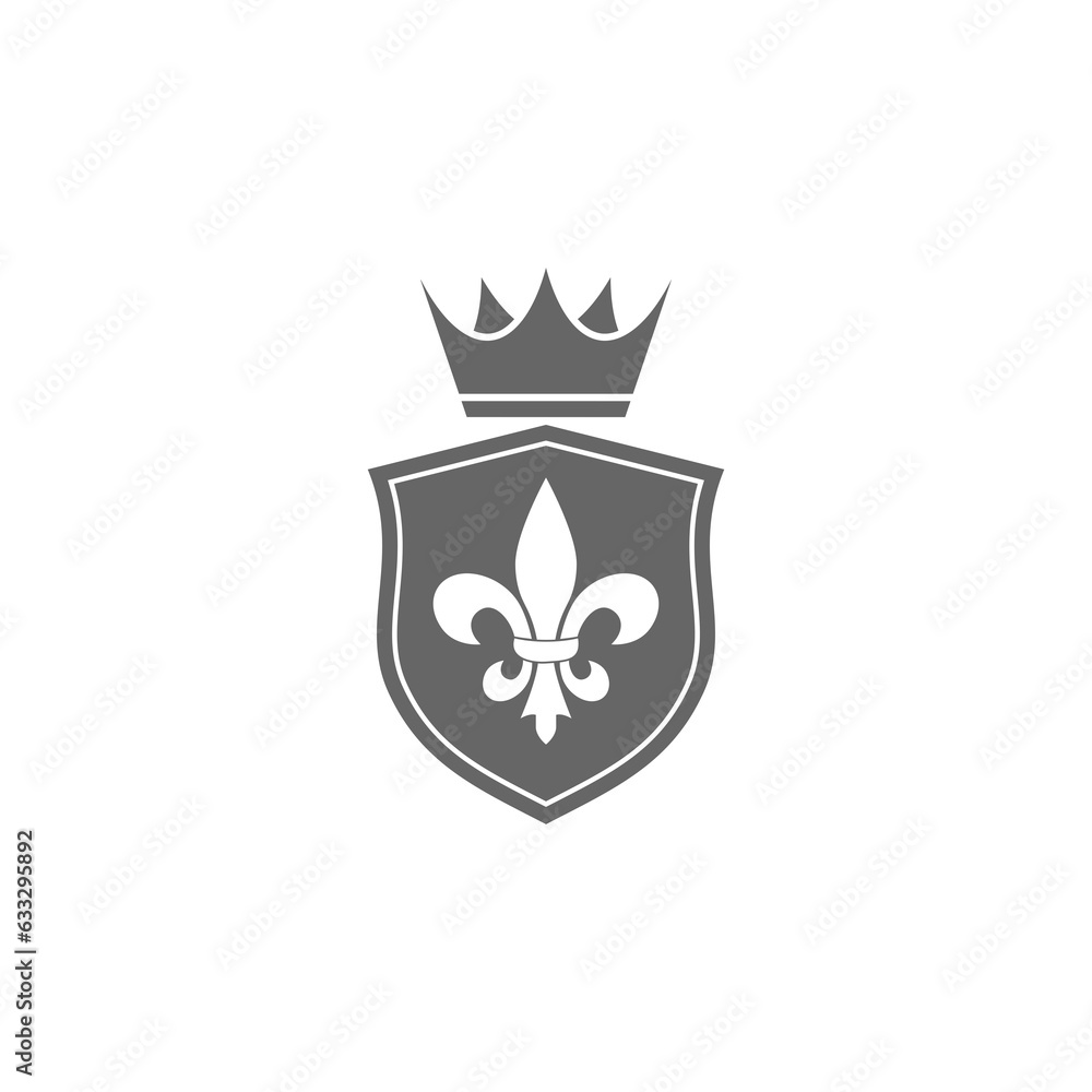 Golden shield with heraldic symbol of fleur de lis icon isolated on transparent background
