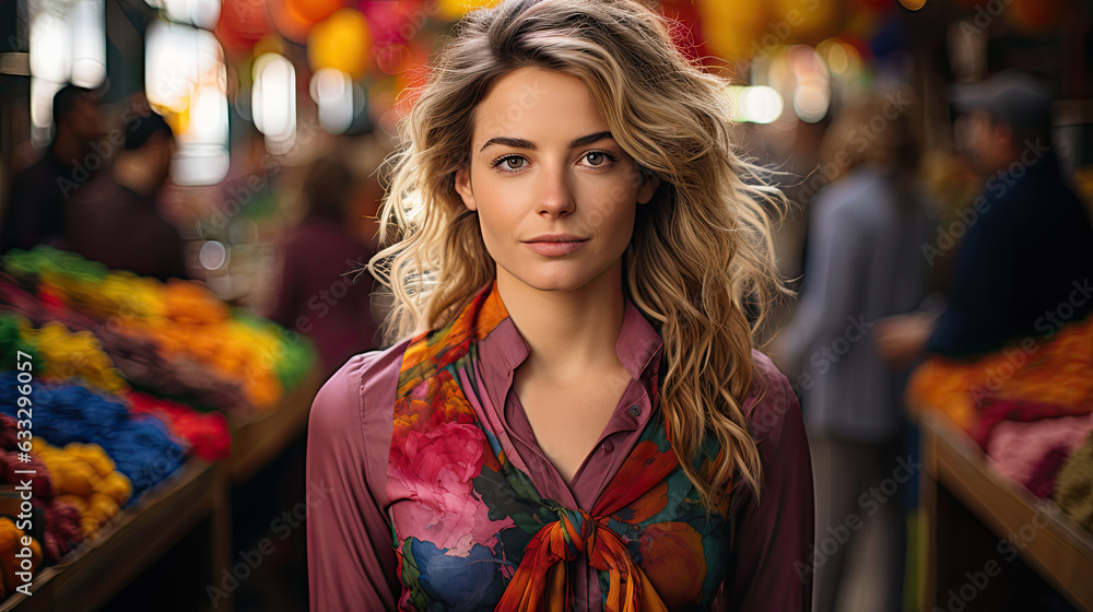 A woman in business-casual attire stands amidst a bustling farmers market scene, creating a colorful blur.