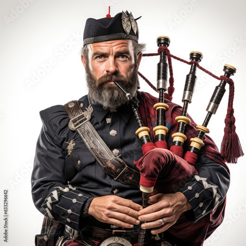 Studio shot of a Scottish man in a kilt playing the bagpipes.