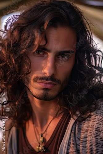 A close-up of a Middle Eastern man with long, loose waves parted in the middle, giving a serious and reflective mood.