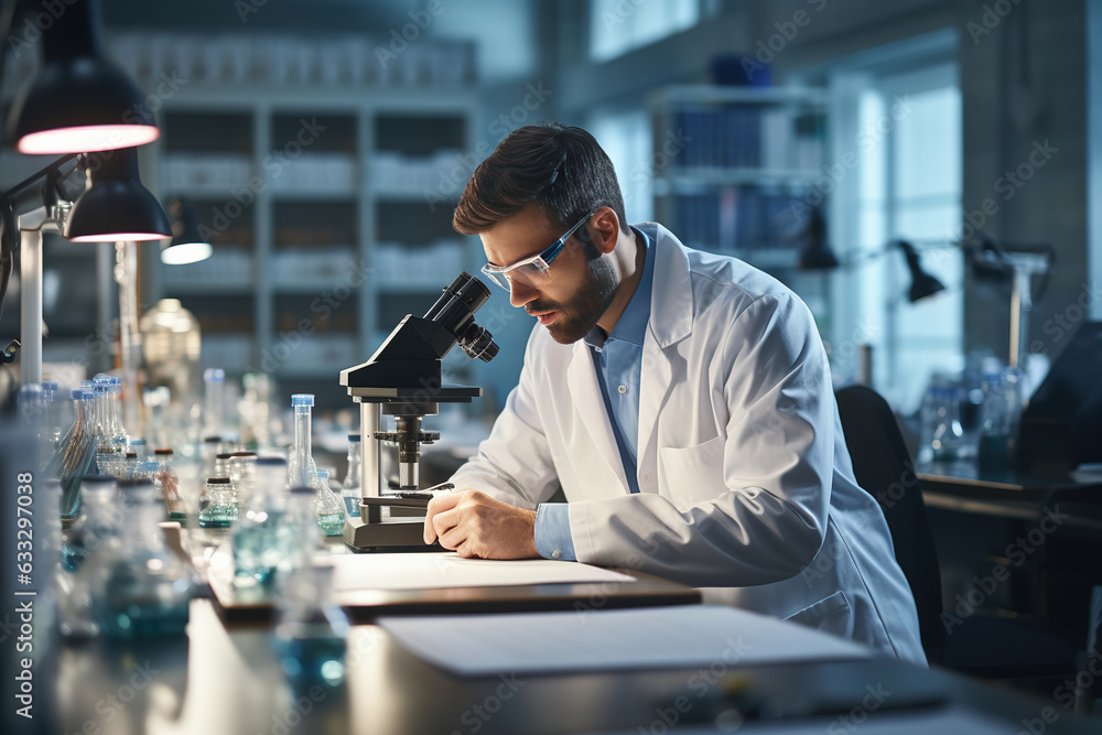 Young Hispanics man scientist using microscope write on clipboard at laboratory Young Hispanics man scientist using microscope write on clipboard at laboratory