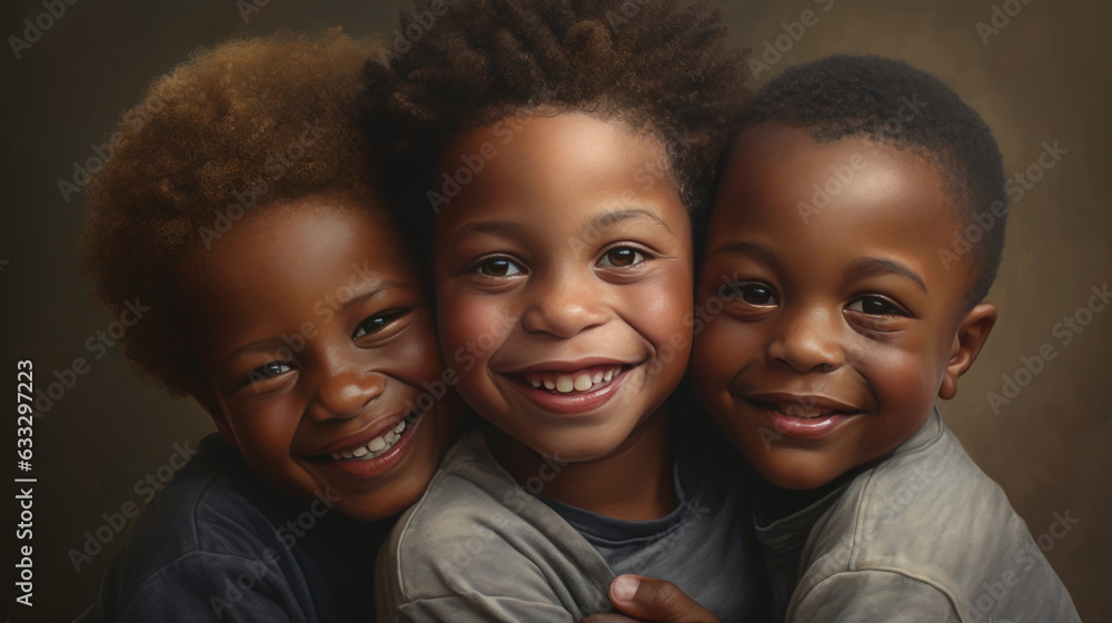 Three black boys hugged each other and smiled happily Three black boys hugged each other and smiled happily