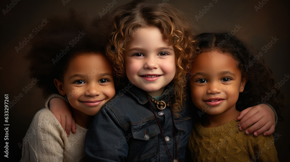 Three black boys hugged each other and smiled happily Three black boys hugged each other and smiled happily