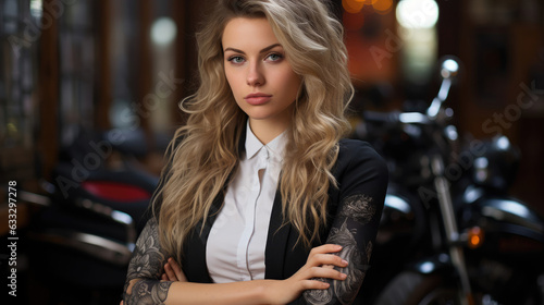 A fashionable woman poses confidently in a motorcycle shop.