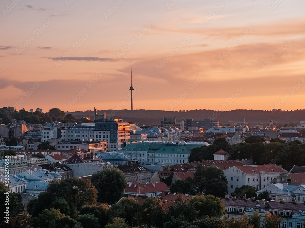 Vilnius, Lithuania - 07 30 2023: Panorama of Vilnius at sunset overlooking the TV tower