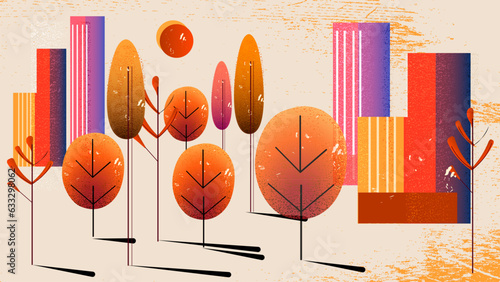 Autumn City. Abstract vector illustration in retro style