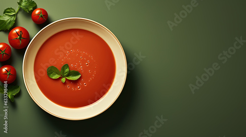 Top view vegetarian tomato soup with spices and ingredients on green background, food minimalism banner with copy space photo