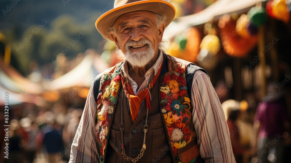 A colorful waistcoat-clad elderly ticket seller stands proudly amidst a lively community fair, with the fair rides and attendees creating a festive and exciting backdrop.
