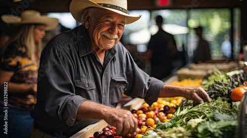 An elderly farmer in a straw hat stands proudly at a vibrant local farmers market  with farm-fresh produce and customers creating a colorful backdrop.