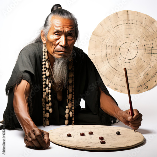 Studio shot of a Micronesian navigator with traditional stick chart isolated on a pure white background. photo