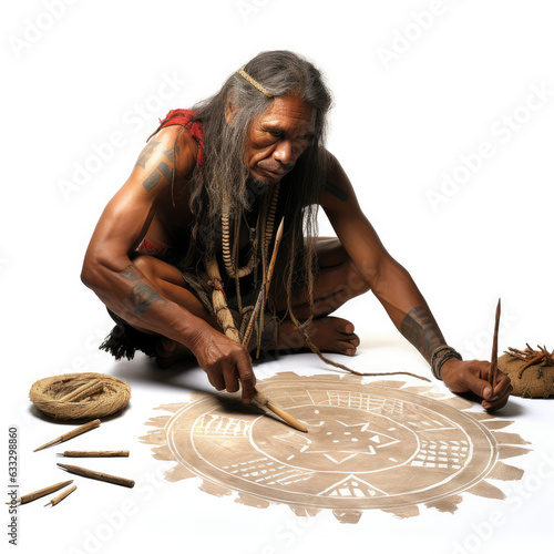 Studio shot of a Micronesian navigator with traditional stick chart isolated on a pure white background. photo