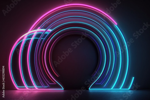Neon light background, neon waves, neon colored lines, laser show. Pink-blue neon lines that glow in the dark. Generative AI.