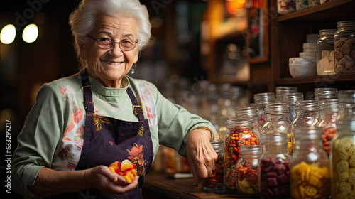 Step into a traditional sweet shop with a vibrant, whimsical blur of candies and sweets, where an elderly shopkeeper in an old-fashioned apron stands to one side.