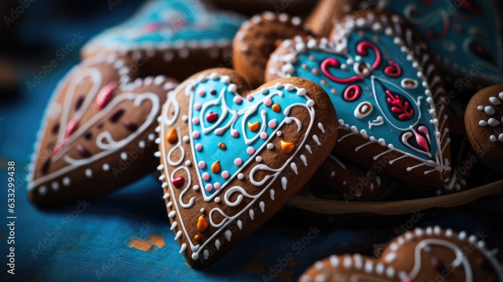 Traditional gingerbread heart cookies for Oktoberfest. Generative AI Traditional gingerbread heart cookies for Oktoberfest. Generative AI