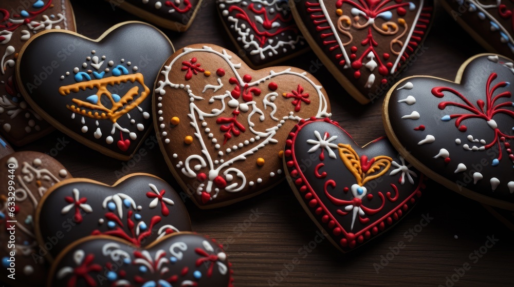 Traditional gingerbread heart cookies for Oktoberfest. Generative AI