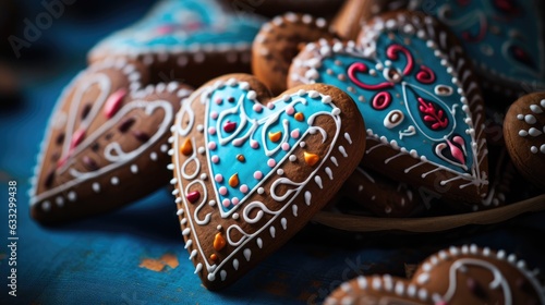 Traditional gingerbread heart cookies for Oktoberfest. Generative AI