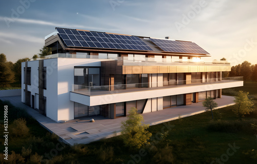 immeuble neuf avec des panneaux solaires sur le toit