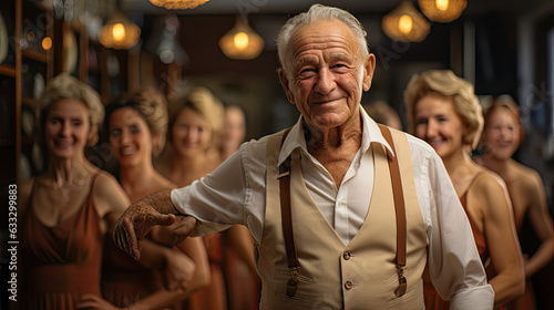A classic outfit-clad elderly dance instructor stands amidst a lively blur of dancers in a dance studio.