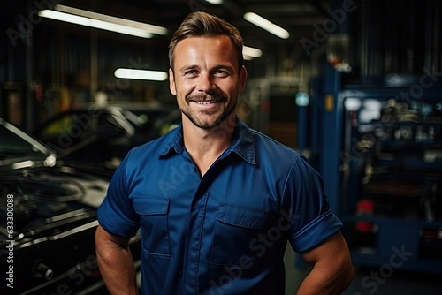 Technician  male auto mechanic in coverall in modern auto repair shop  garage