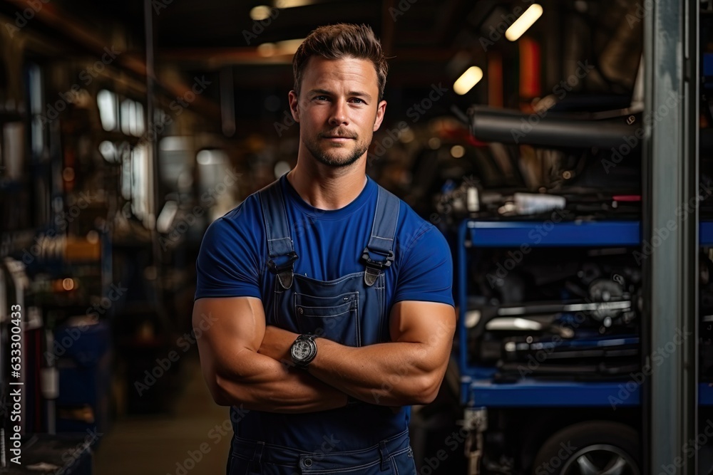 Technician, male auto mechanic in coverall in modern auto repair shop, garage Technician, male auto mechanic in coverall in modern auto repair shop, garage