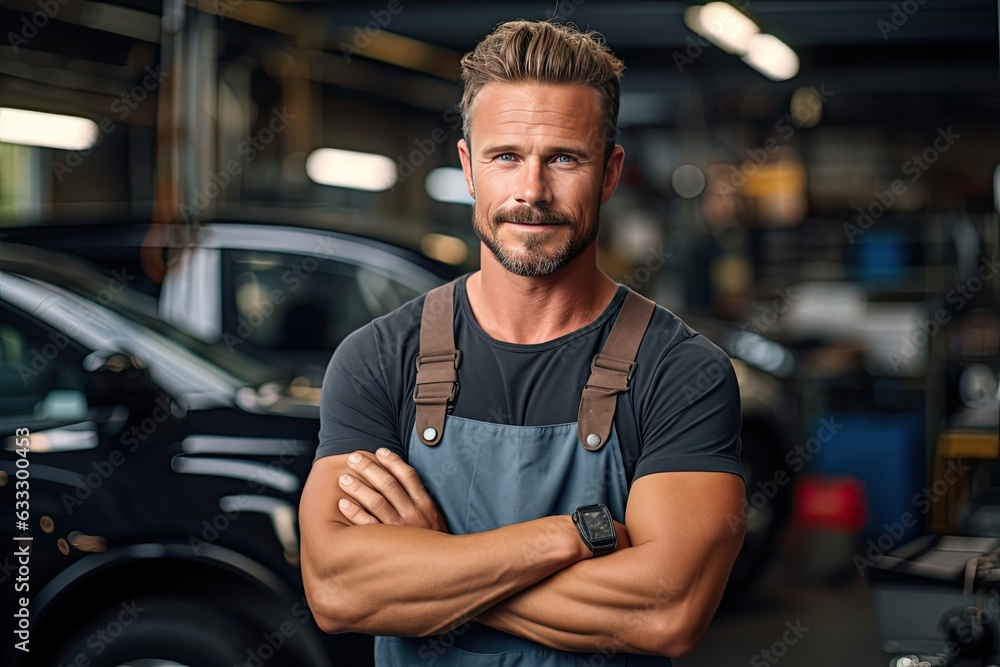 Technician, male auto mechanic in coverall in modern auto repair shop, garage Technician, male auto mechanic in coverall in modern auto repair shop, garage