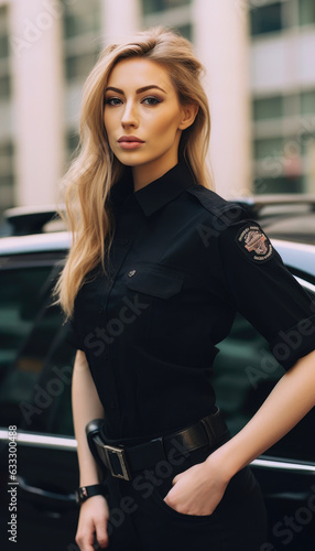 Serious Woman Security Officer in Black Uniform