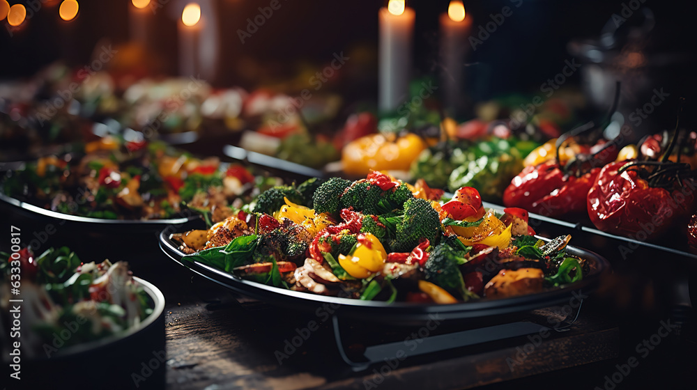 People group catering buffet food indoor in restaurant with meat colorful fruits and vegetables. People group catering buffet food indoor in restaurant with meat colorful fruits and vegetables.